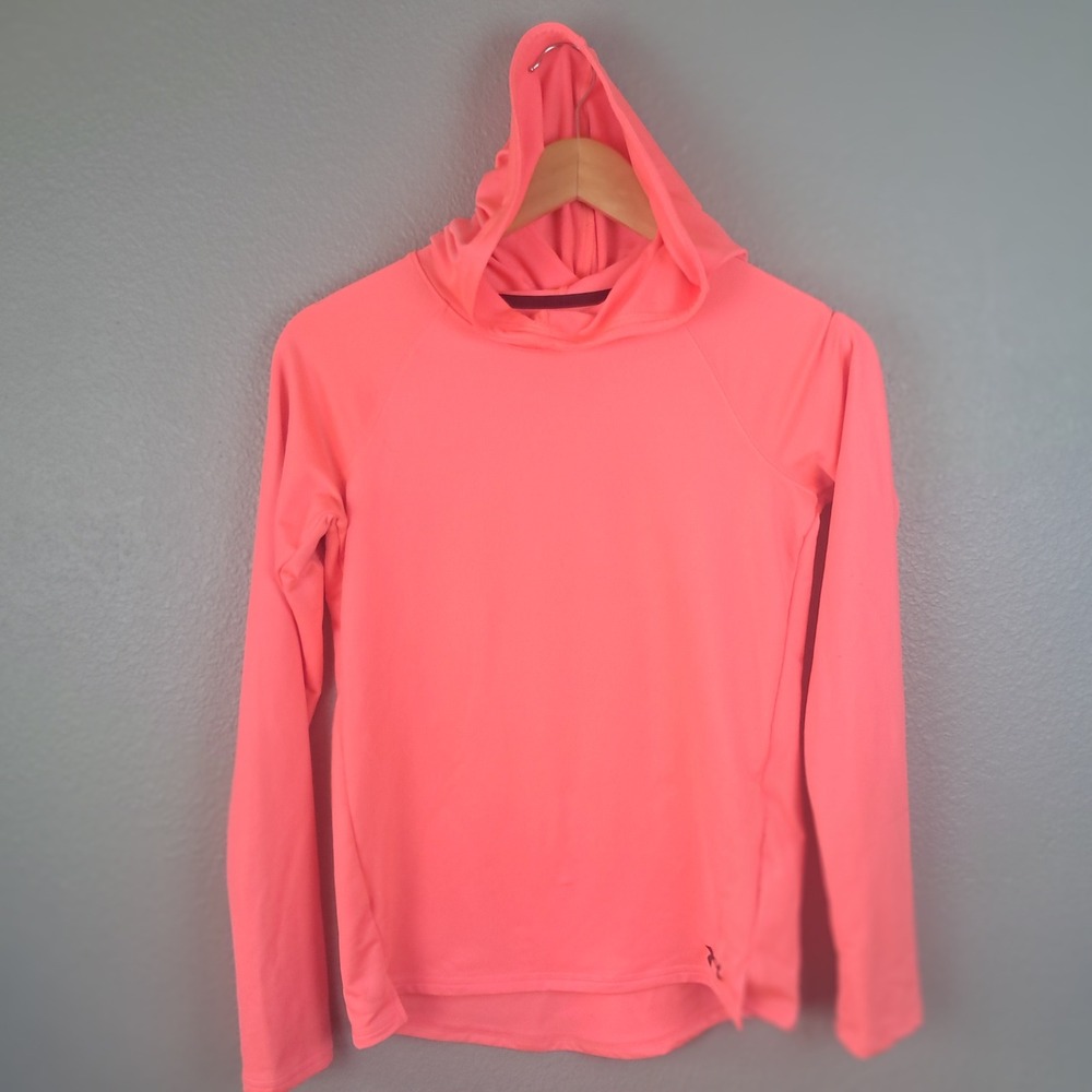 Under Armour HeatGear Long Sleeve Hoodie Neon Pink Thumbholes Pullover